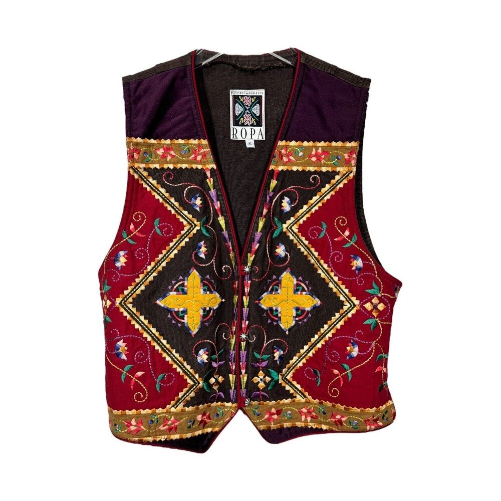 Vintage ROPA Hairston Roberson Western Vest Small Brown Red Embroidered USA Made